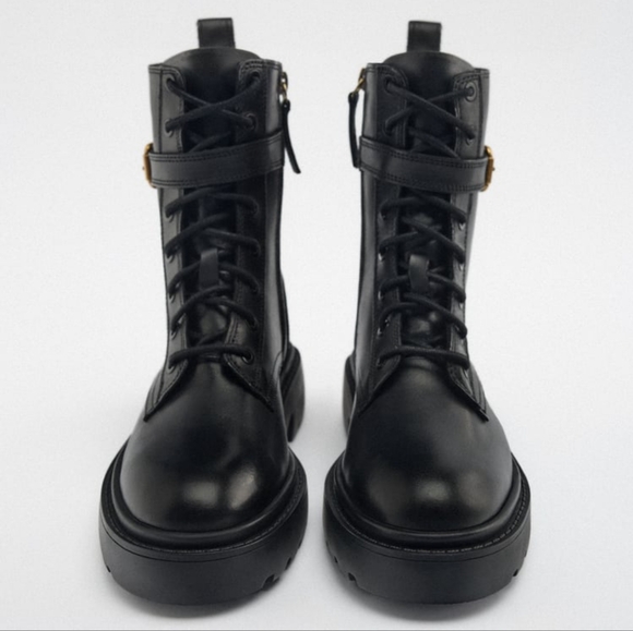 New Zara laced up leather ankle boots with buckle chunky sole - Picture 5 of 10